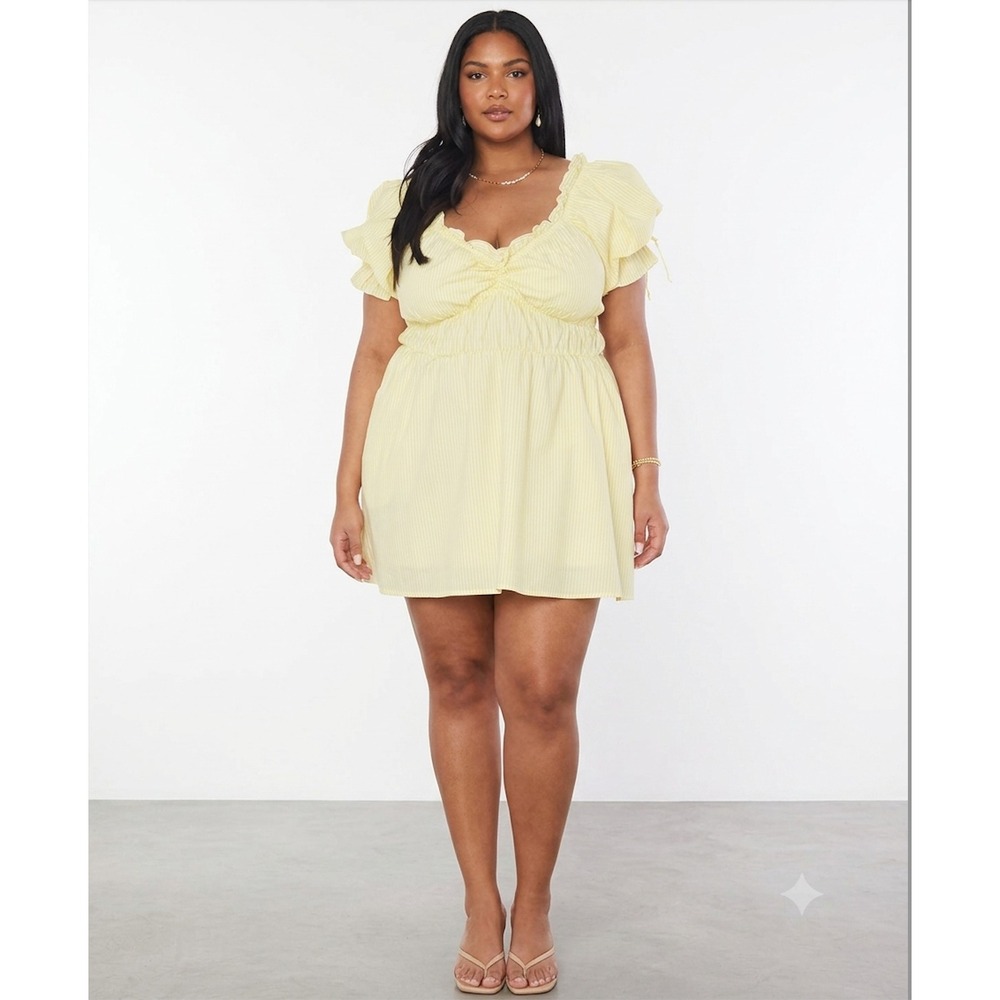 Show Me Your Mumu Leigh Mini Dress 2X Yellow Striped Cottagecore Puff Sleeve